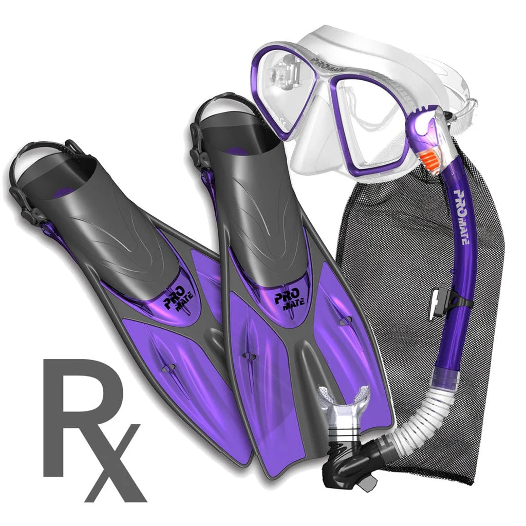 Promate Prescription Spectrum Adult Snorkeling Mask Dry Snorkel Fins Package - SCS0099 RX