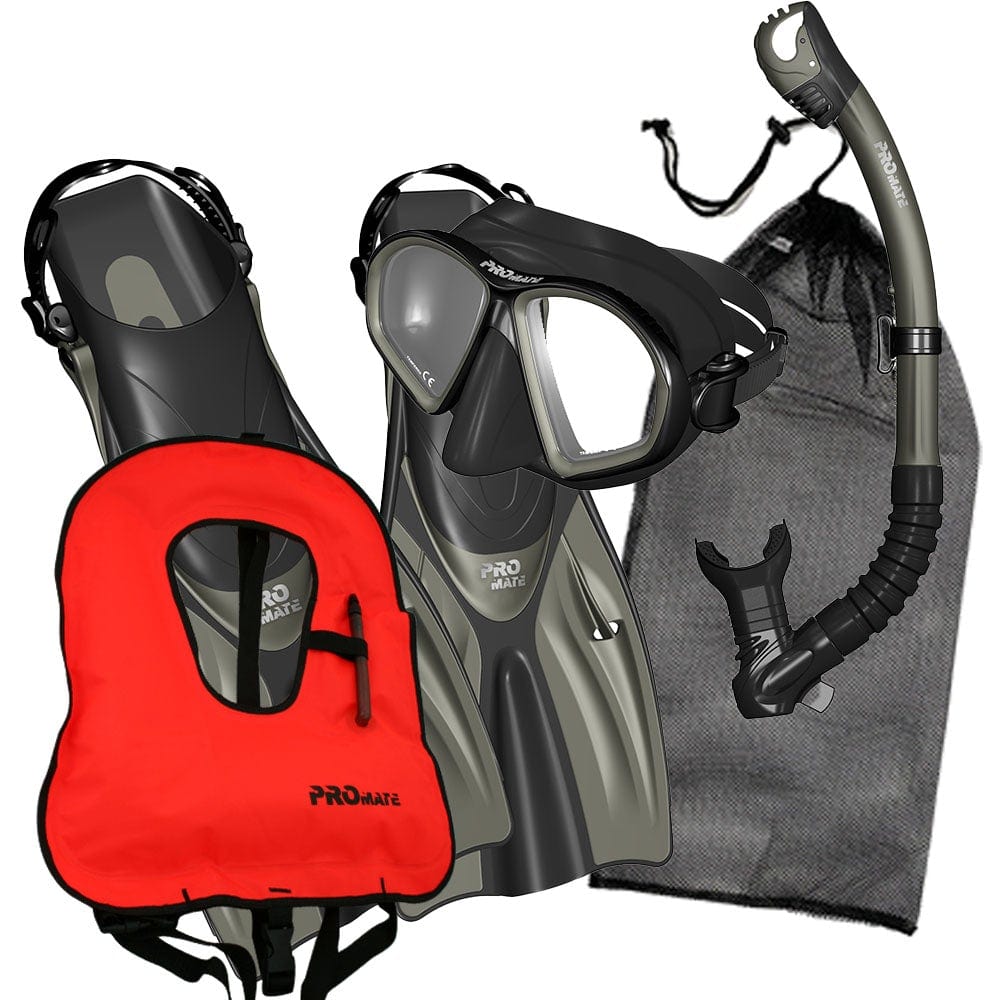 Promate Spectrum Adult Snorkeling Mask Dry Snorkel Fins Gear Bag Set With Snorkel Vest Jacket - SCS0099 +SV01