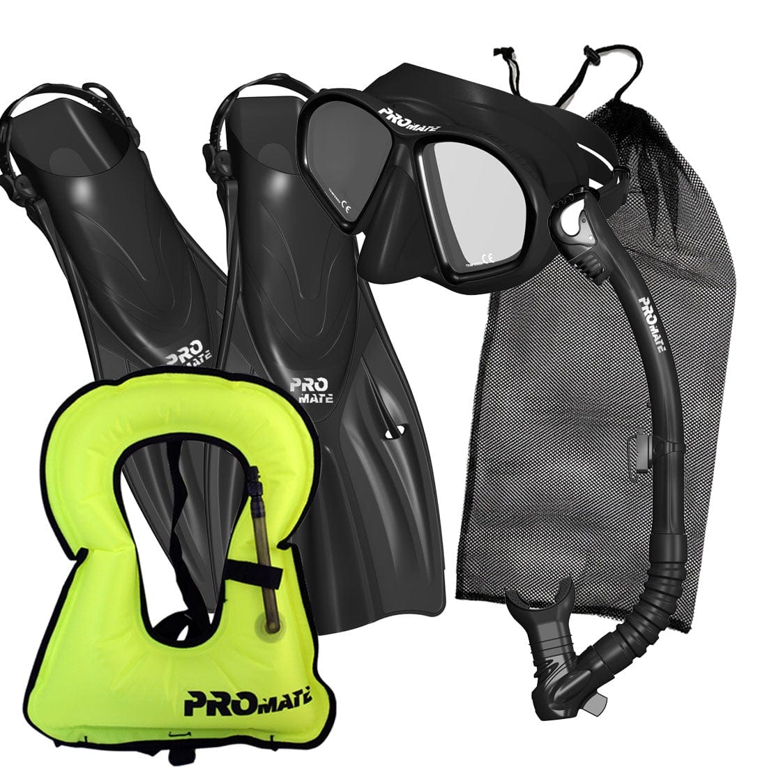 Promate Spectrum Adult Snorkeling Mask Dry Snorkel Fins Gear Bag Set With Snorkel Vest Jacket - SCS0099 +SV01