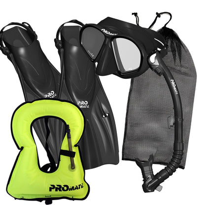 Promate Spectrum Adult Snorkeling Mask Dry Snorkel Fins Gear Bag Set With Snorkel Vest Jacket - SCS0099 +SV01