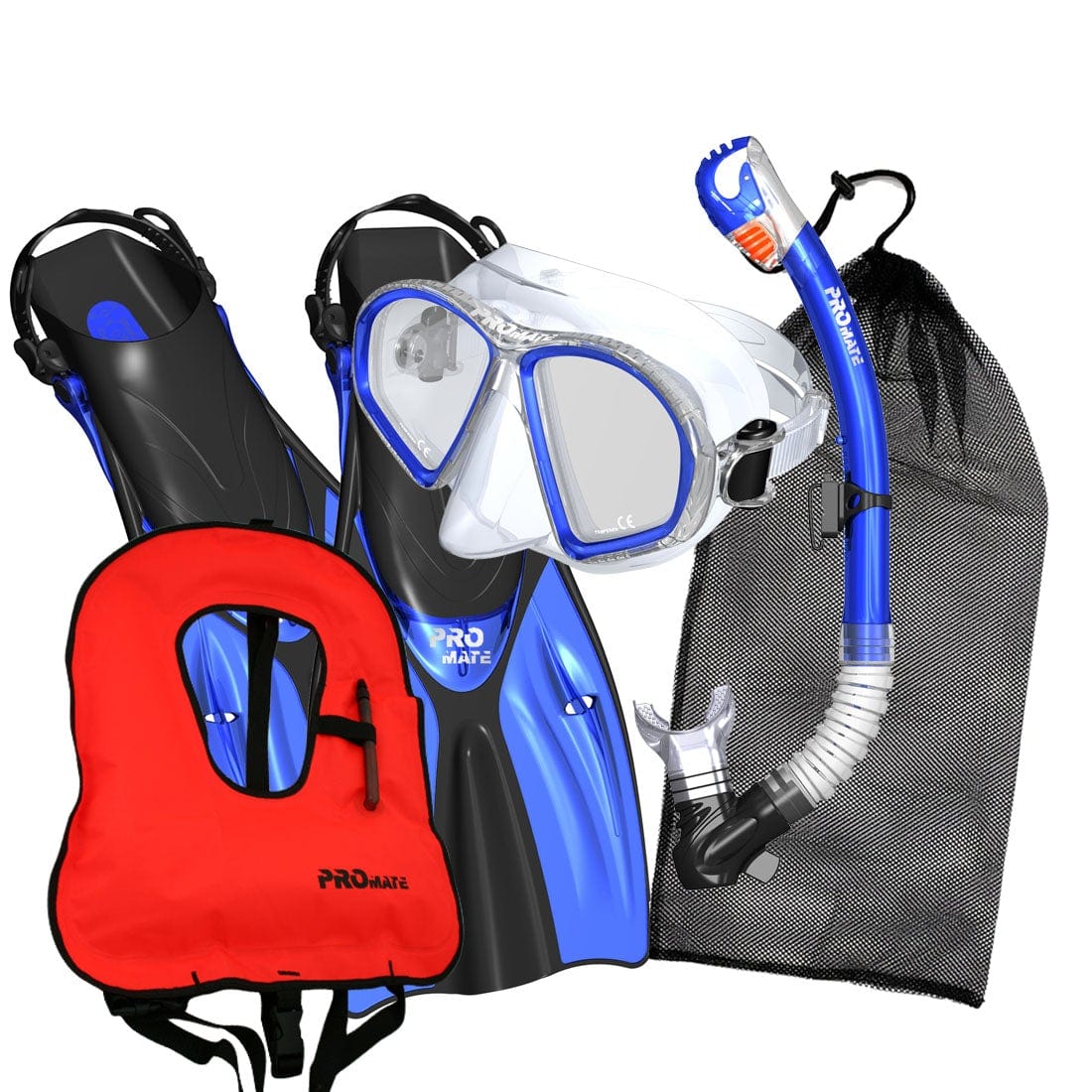 Promate Spectrum Adult Snorkeling Mask Dry Snorkel Fins Gear Bag Set With Snorkel Vest Jacket - SCS0099 +SV01