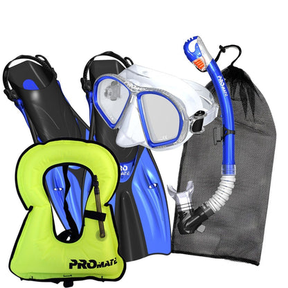 Promate Spectrum Adult Snorkeling Mask Dry Snorkel Fins Gear Bag Set With Snorkel Vest Jacket - SCS0099 +SV01
