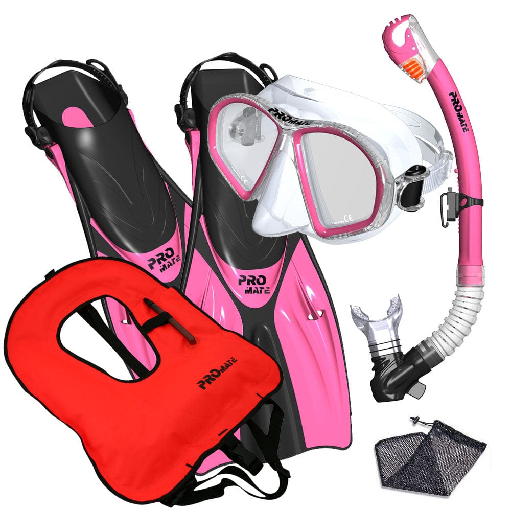 Promate Spectrum Adult Snorkeling Mask Dry Snorkel Fins Gear Bag Set With Snorkel Vest Jacket - SCS0099 +SV01