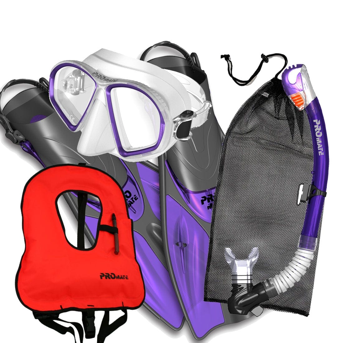 Promate Spectrum Adult Snorkeling Mask Dry Snorkel Fins Gear Bag Set With Snorkel Vest Jacket - SCS0099 +SV01