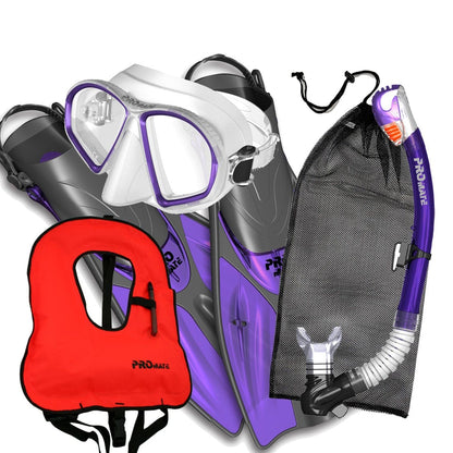 Promate Spectrum Adult Snorkeling Mask Dry Snorkel Fins Gear Bag Set With Snorkel Vest Jacket - SCS0099 +SV01