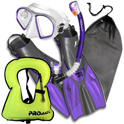 Promate Spectrum Adult Snorkeling Mask Dry Snorkel Fins Gear Bag Set With Snorkel Vest Jacket - SCS0099 +SV01