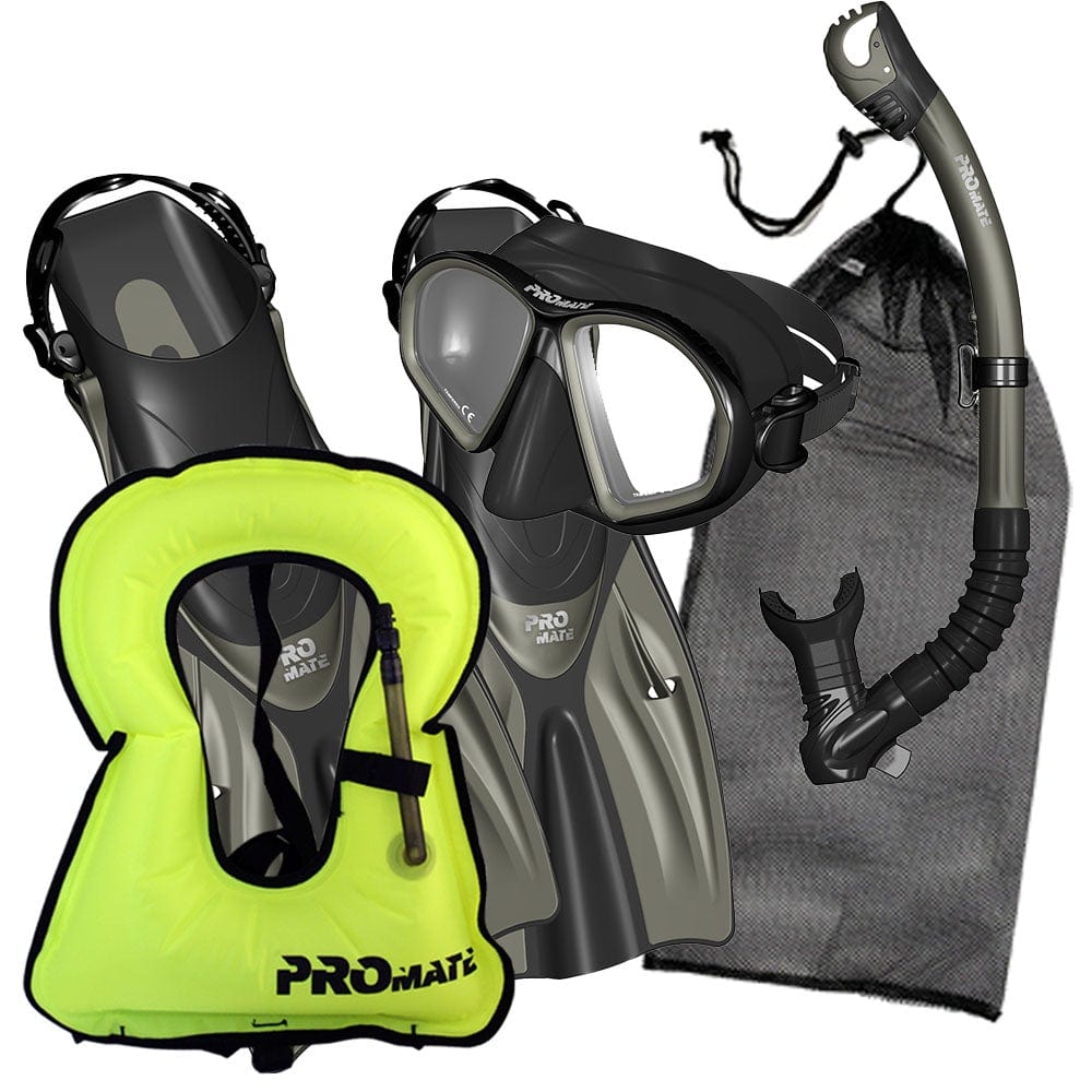 Promate Spectrum Adult Snorkeling Mask Dry Snorkel Fins Gear Bag Set With Snorkel Vest Jacket - SCS0099 +SV01