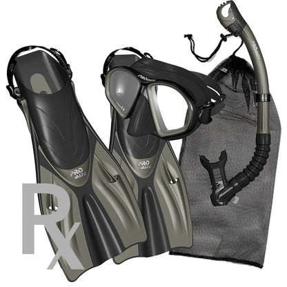 Promate Prescription Spectrum Adult Snorkeling Mask Dry Snorkel Fins Package - SCS0099 RX