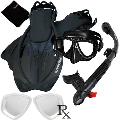 Promate Prescription PURGE Mask Dry Snorkel Fins Bag Snorkeling Gear Set - SCS0097 RX