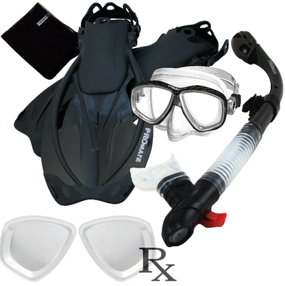 Promate Prescription PURGE Mask Dry Snorkel Fins Bag Snorkeling Gear Set - SCS0097 RX