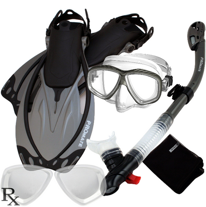 Promate Prescription PURGE Mask Dry Snorkel Fins Bag Snorkeling Gear Set - SCS0097 RX