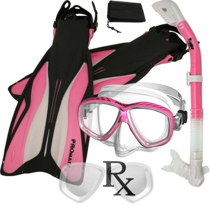Promate PRESCRIPTION Snorkeling Set, Force Fins Dry Snorkel Scuba Diving Purge Mask - SCS0084 RX